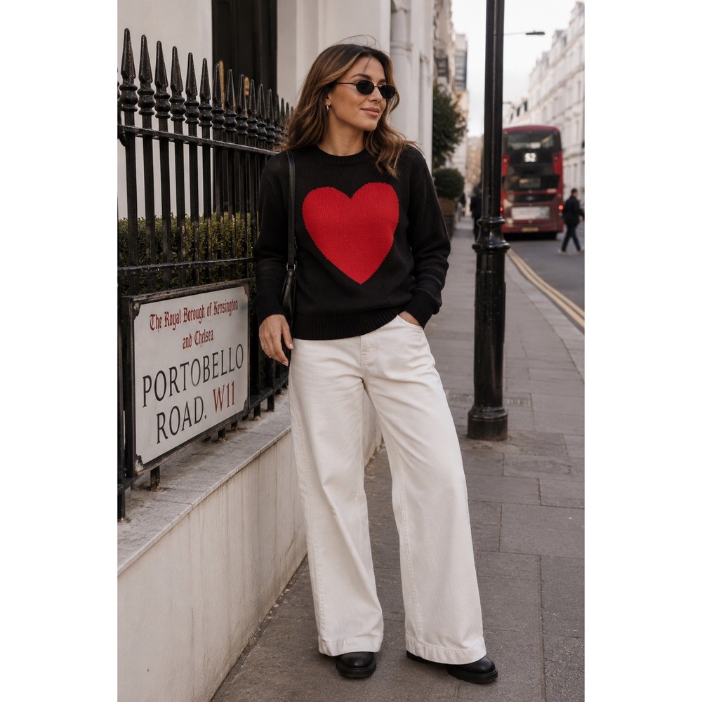 Gyles & George London Heart Wool Intarsia Sweater Black Red Small Rare